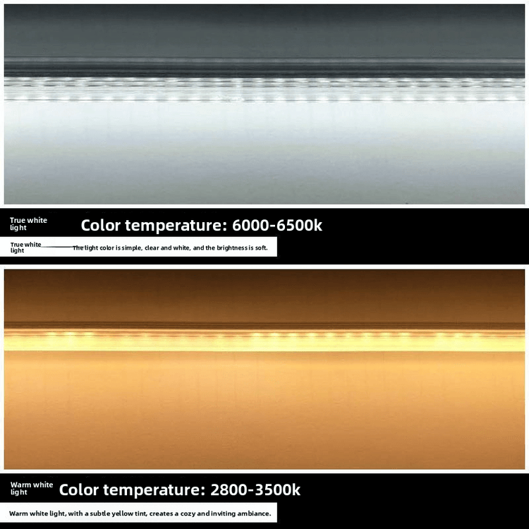 Comparison of LED Light Strip color temperatures: true white light 6000-6500k and warm white light 2800-3500k.