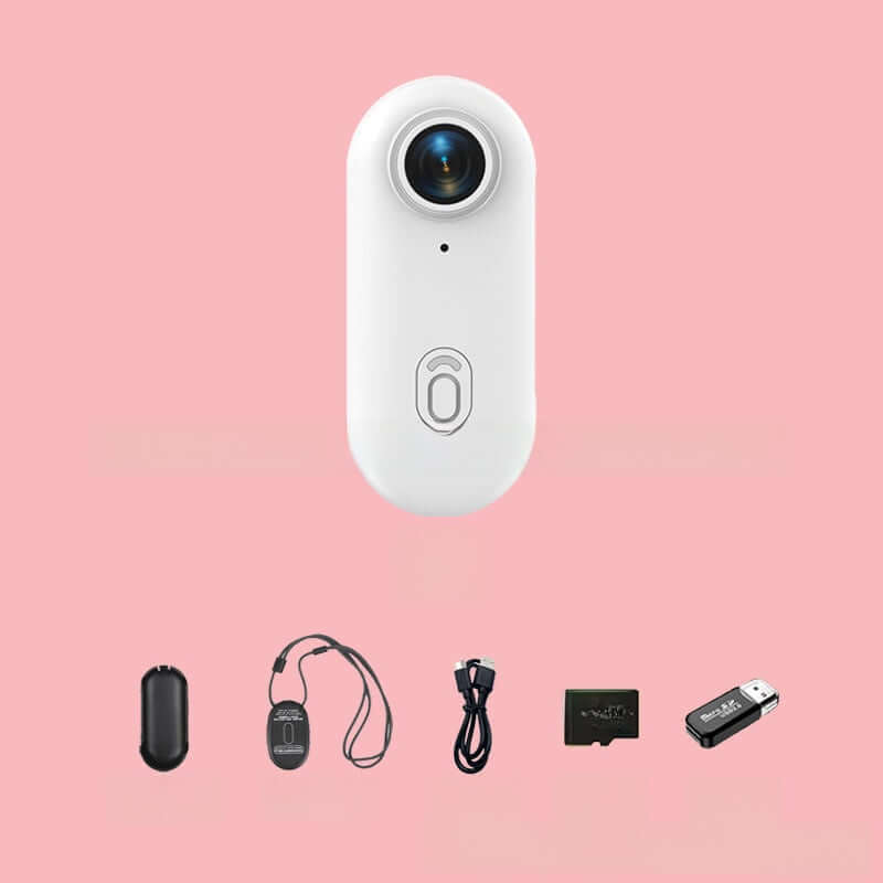 4K Thumb Camera – Ultra Compact with accessories including a remote and USB cable on a pink background.