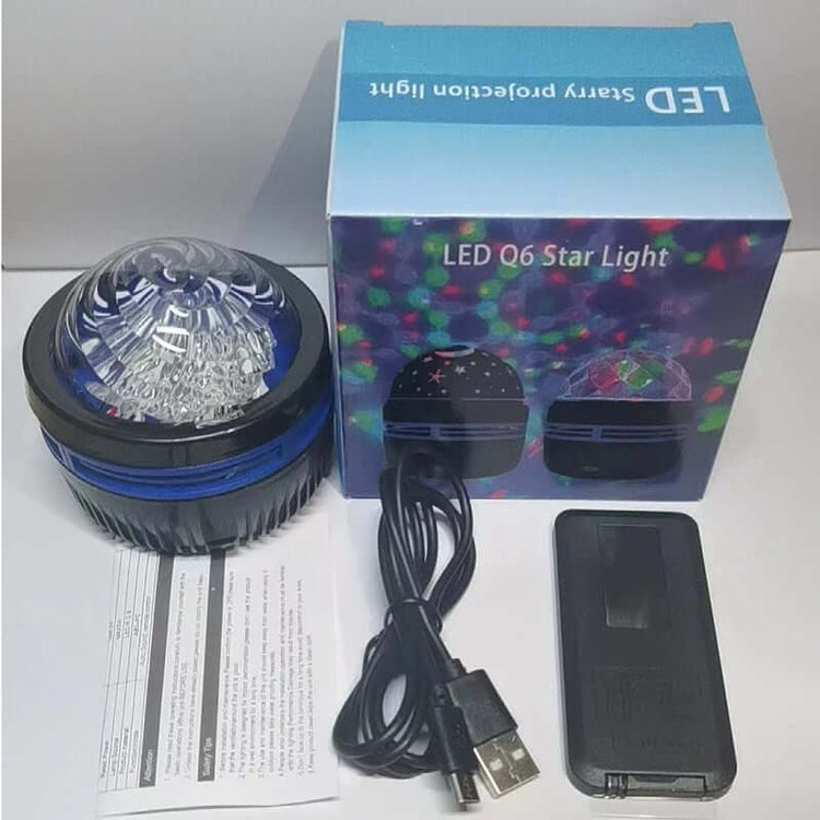 LED Projection Lamp with colorful star light effects, USB cable, and user manual for home decor and ambiance.