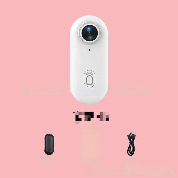 4K Thumb Camera – Ultra Compact shown with accessories on pink background.