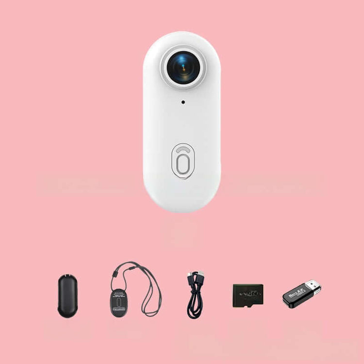 4K Thumb Camera – Ultra Compact with accessories on a pink background, designed for capturing life&