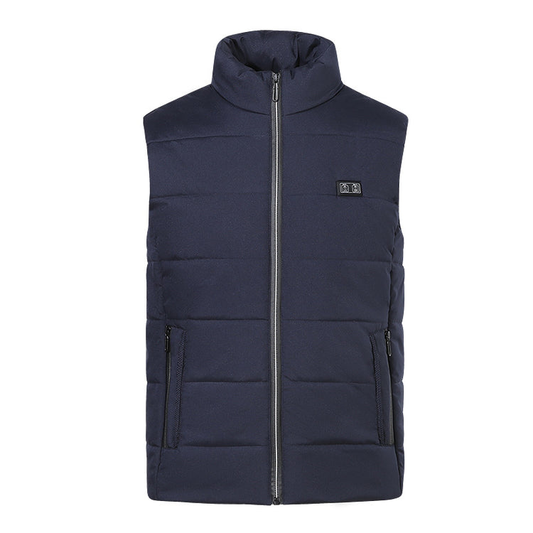 Smart Heating Vest in navy color with front zipper and side pockets for warmth and comfort.
