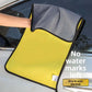 Car wash towel being held, showcasing its dual-sided microfiber design for quick drying.
