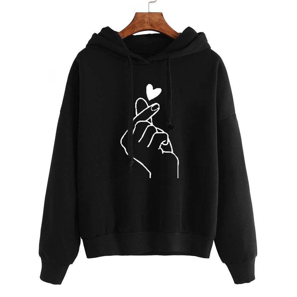 Fleece Hoodie with heart print design, showcasing a hand gesture on a black background for trendy casual wear.