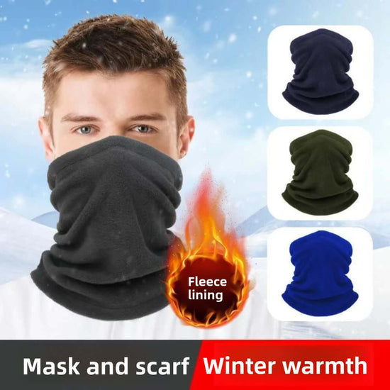 Fleece Scarf Mask showing different colors and fleece lining for winter warmth and protection from cold weather.