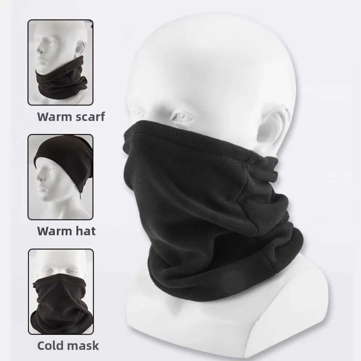 Fleece Scarf Mask displayed on a mannequin showcasing versatile cold weather protection and comfort features.