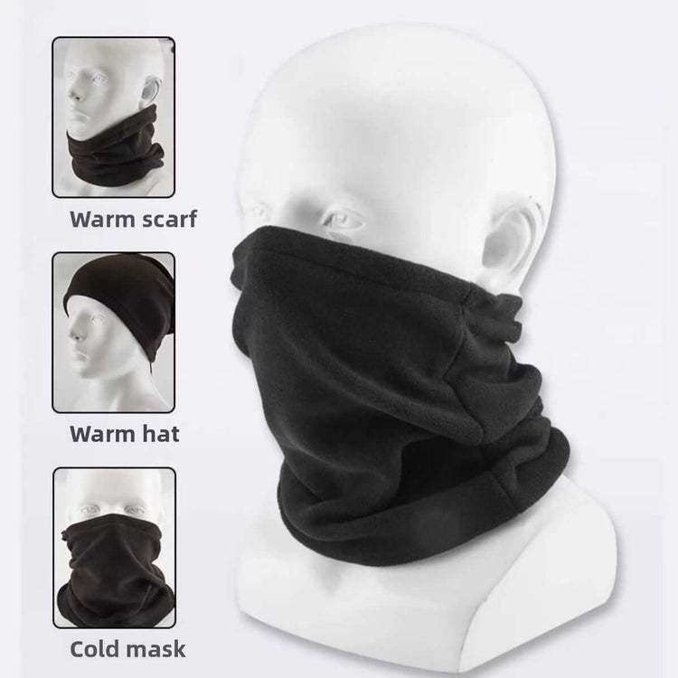 Fleece Scarf Mask displayed on a mannequin showcasing versatile cold weather protection and comfort features.