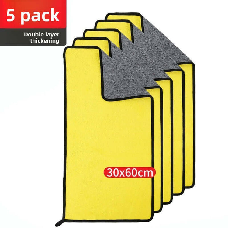 5 pack of yellow microfiber car wash towels, double layer thickening, size 30x60cm, perfect for cleaning surfaces.