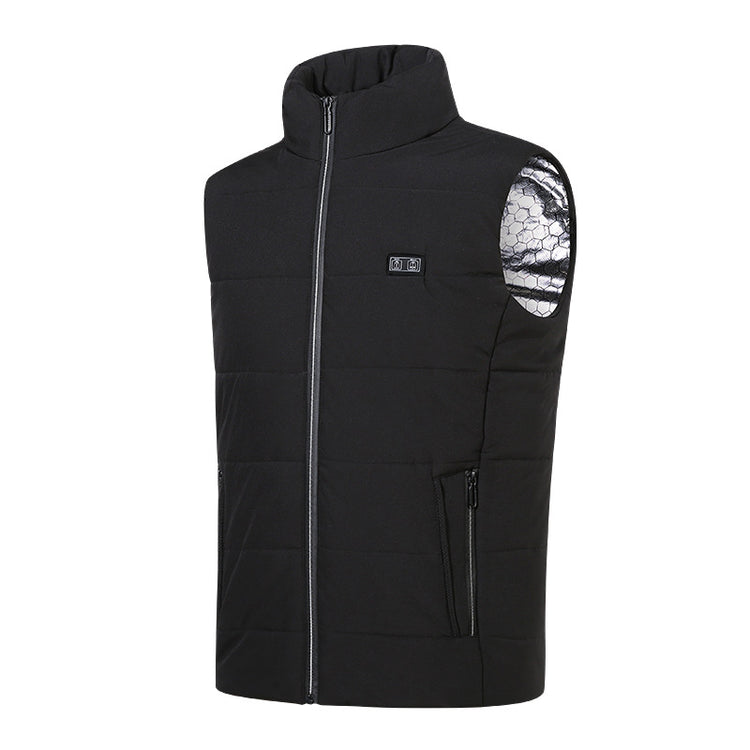 Smart Heating Vest in black with a high collar and zipper, designed for warmth and comfort in cold environments.