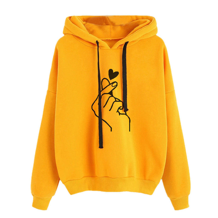 Fleece Hoodie with heart print design in vibrant yellow color and stylish finger gesture illustration.