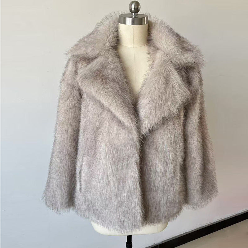 Fluffy Fox Fur Coat Women Loose Elegant Winter displayed on a dress form against a neutral background.