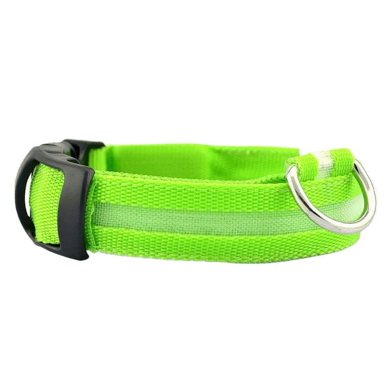New LED Dog Collar in bright green with reflective stripes for enhanced visibility.