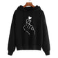 Fleece Hoodie with heart print design and hand gesture in black color, stylish and trendy look for casual wear.