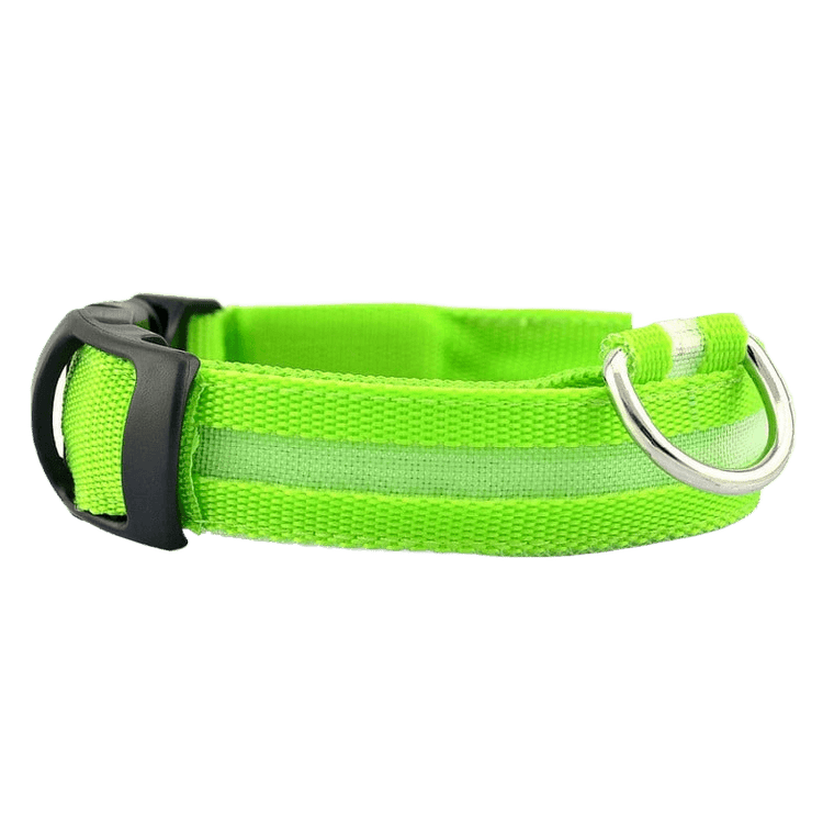 New LED Dog Collar in bright green color with reflective strips and durable buckle.