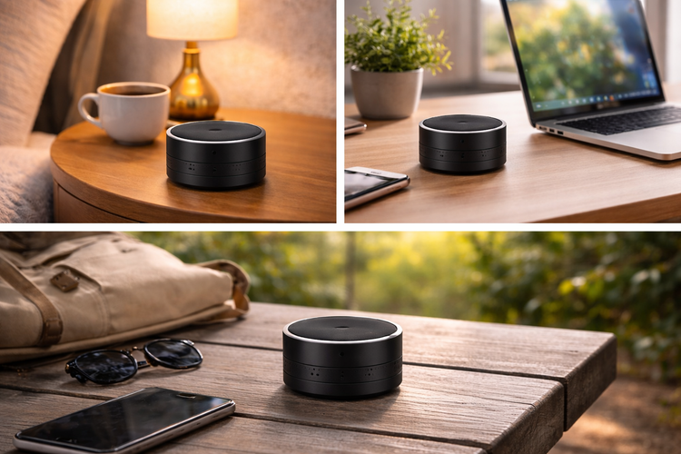 Mini Speaker on a table, showcasing portability and style in a cozy setting.