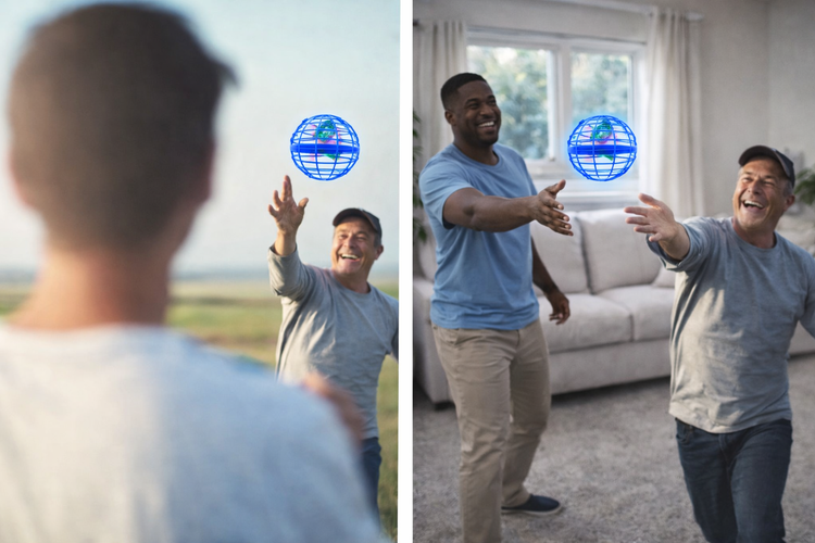 Two people playing with a Flying Ball in a living room, enjoying a fun and interactive moment.