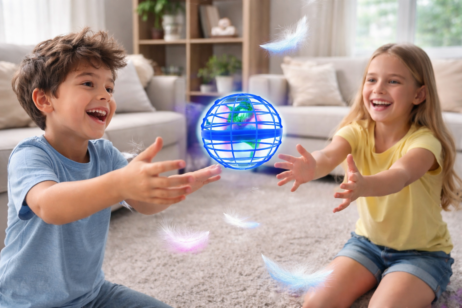 Two children happily playing with a Flying Ball in a cozy living room, enjoying interactive fun.