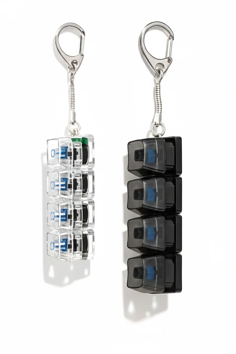 Clickie Keychain showcasing two color options, a transparent and a black version, ideal for organizing keys.