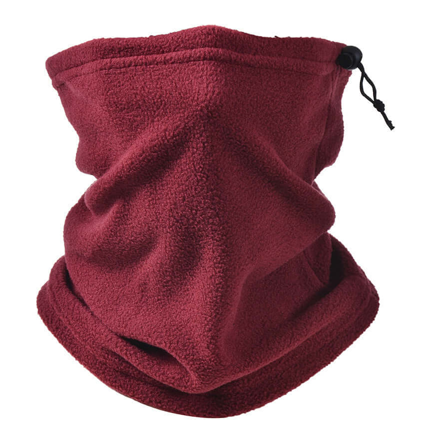 Fleece Scarf Mask in deep burgundy color for warmth and protection in cold weather conditions.
