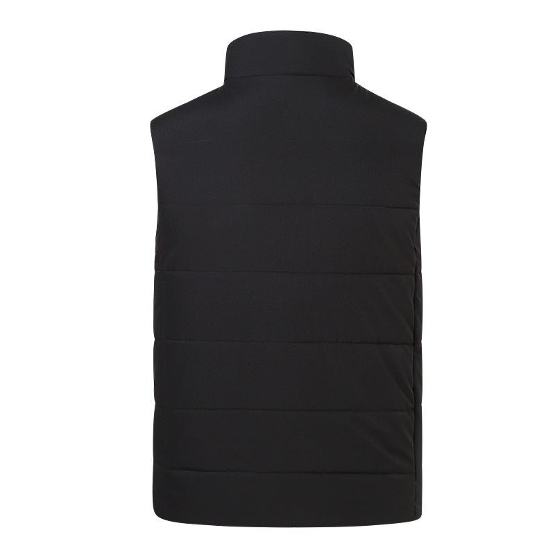 Back view of Smart Heating Vest in black, showcasing its sleek design and cozy features for warmth and comfort.