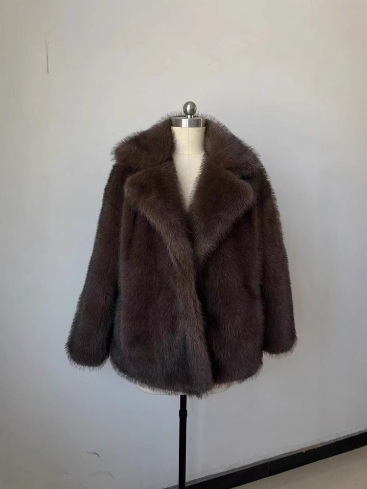 Fluffy Fox Fur Coat Women Loose Elegant Winter displayed on a mannequin against a plain background.