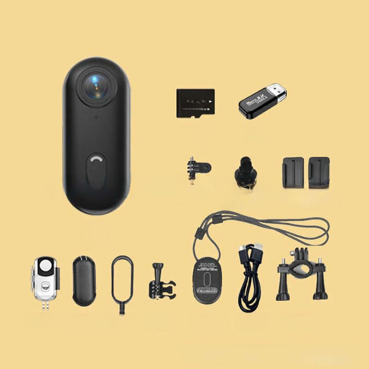 4K Thumb Camera with accessories including mounts, cables, and charger on a beige background.