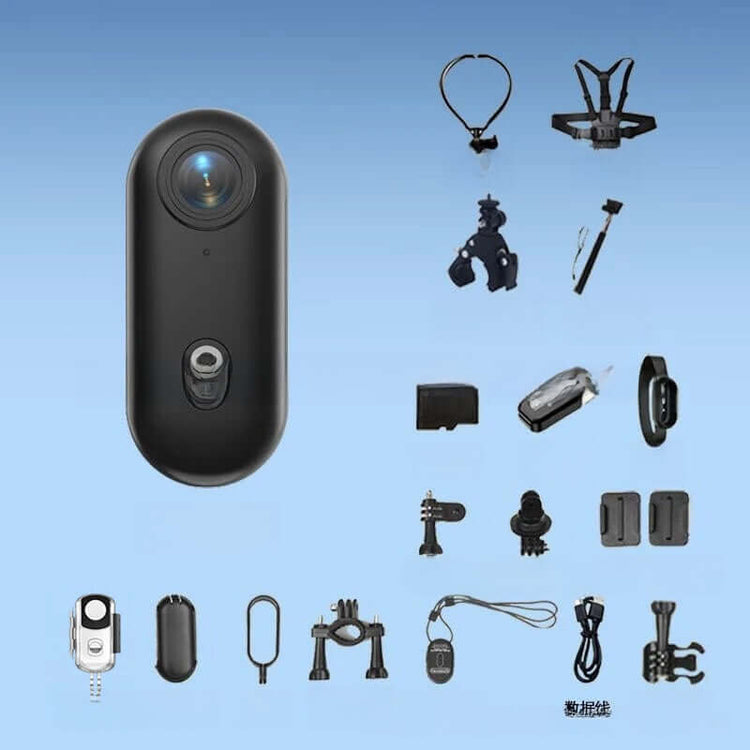 4K Thumb Camera with various accessories displayed on a blue background for easy reference and convenience.