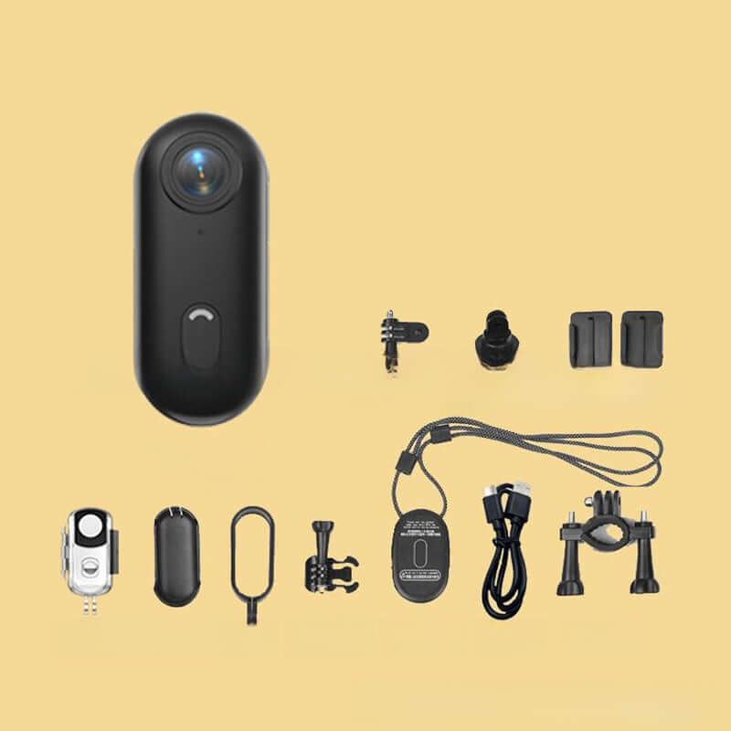 4K Thumb Camera – Ultra Compact with accessories laid out on a beige background.