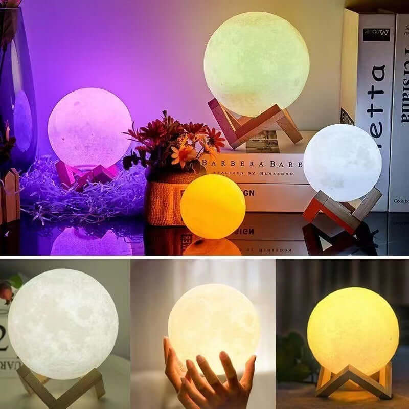 Rechargeable Moon Night Light with Touch Control in various colors and sizes displayed on wooden stands.